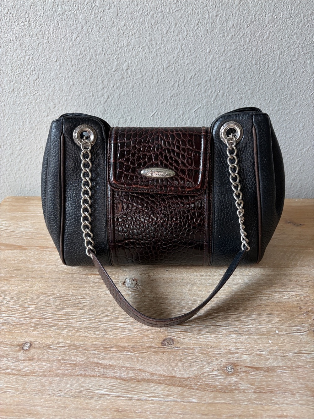 Vintage Brighton Black and Dark Brown Croc-Accent Shoulder Bag